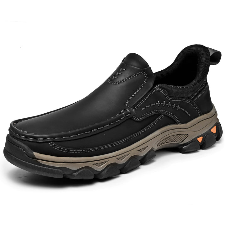 Comfortable men's slip-on walking shoes with orthopedic arch support for pain relief.