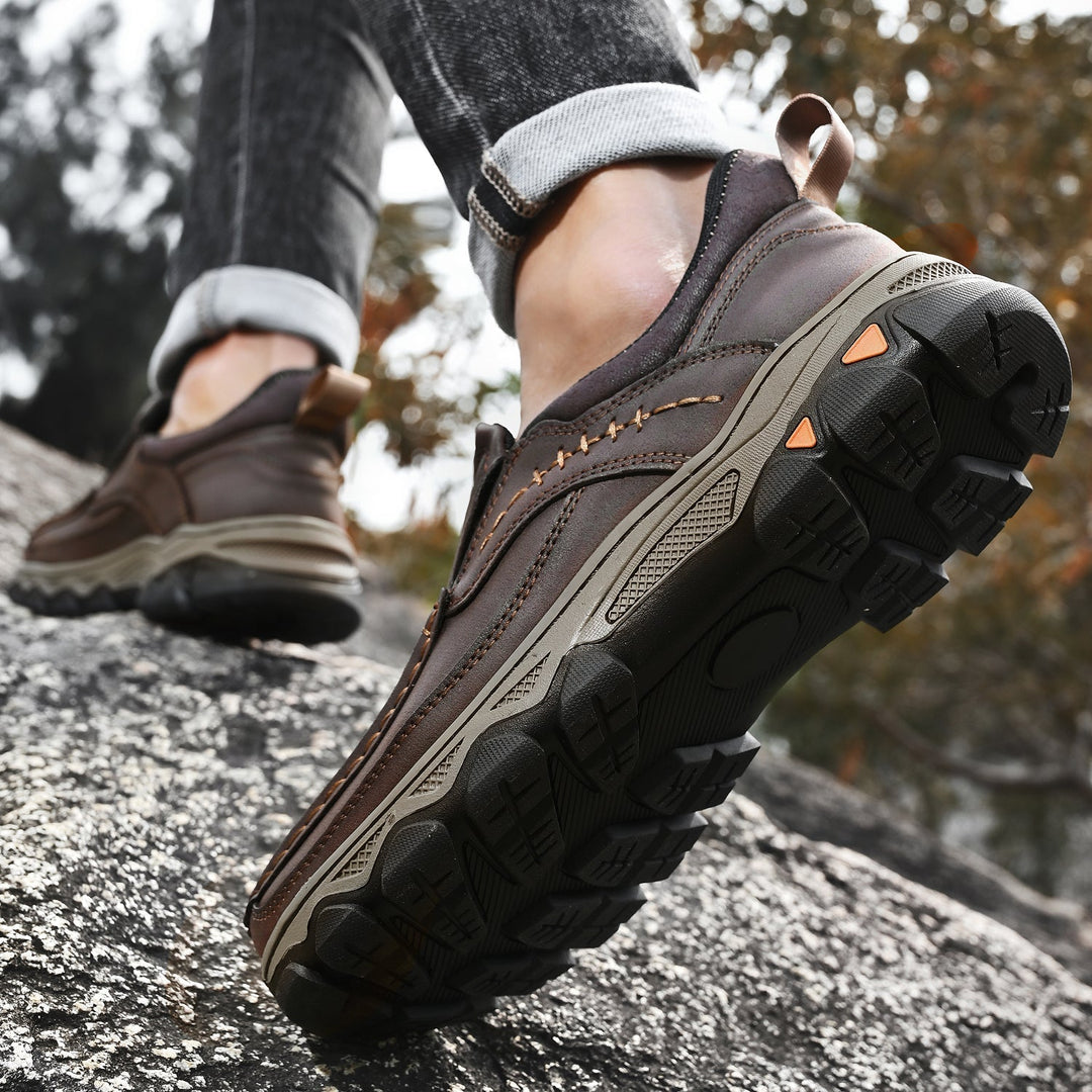 Men's comfort footwear: slip-on walking shoes with orthopedic arch support.
