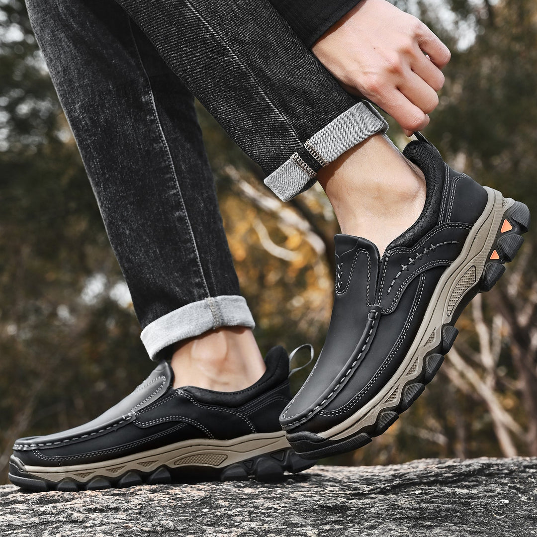 Men's slip-on orthopedic walking shoes, designed for comfort and posture aid.