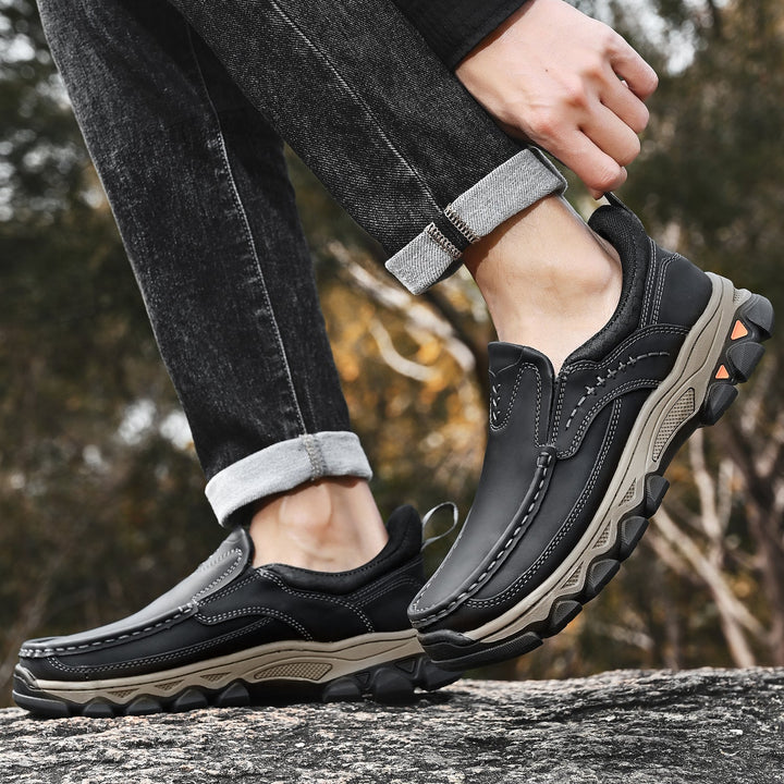 Men's slip-on orthopedic walking shoes, designed for comfort and posture aid.