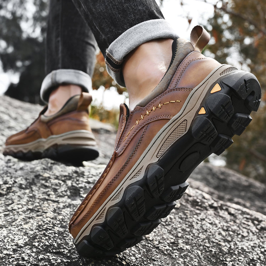 Men's orthopedic slip-on walking shoes with advanced arch support for comfort.
