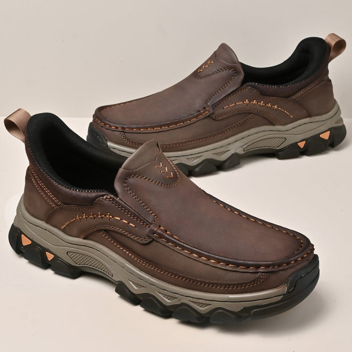 Easy slip-on men's walking shoes for comfort, arch support, and everyday casual wear.