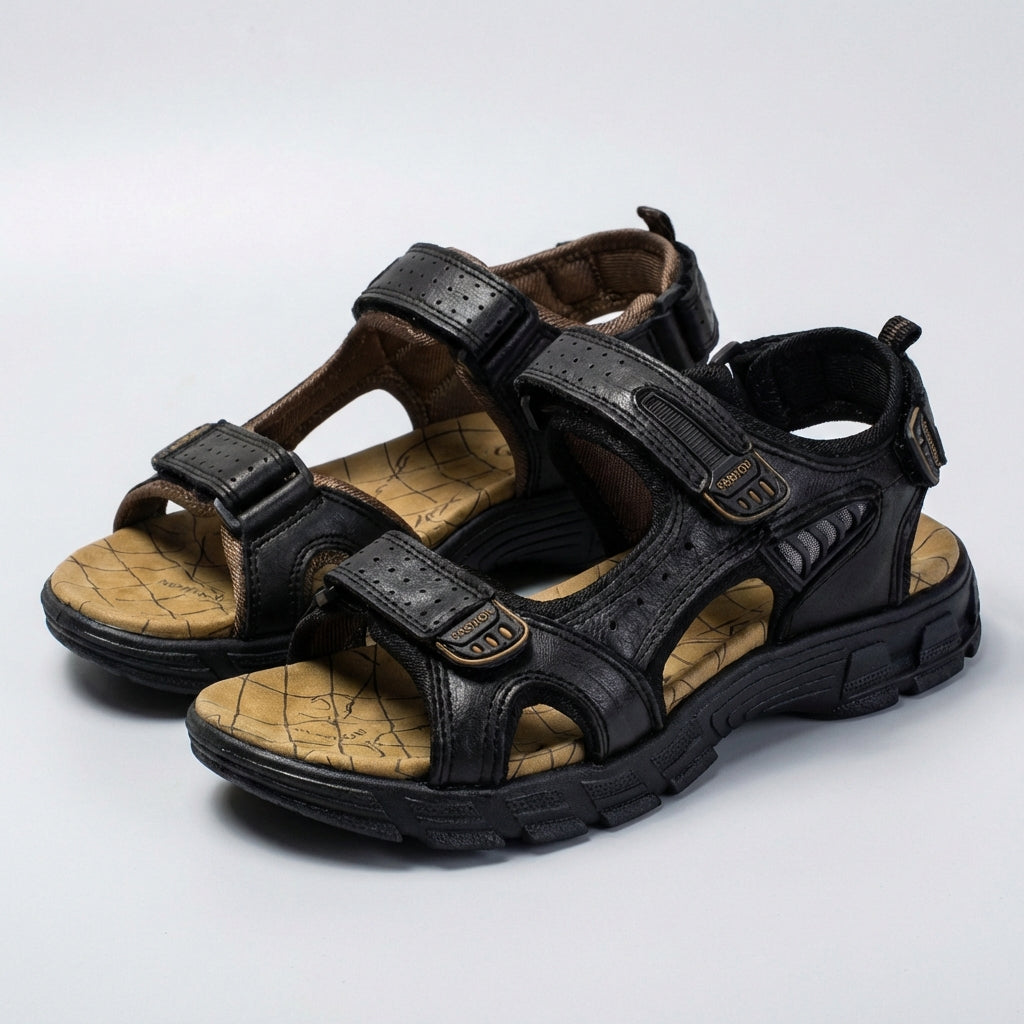 Adjustable men's orthopedic support sandals with perforated design, ideal breathable footwear for summer outdoor walks.