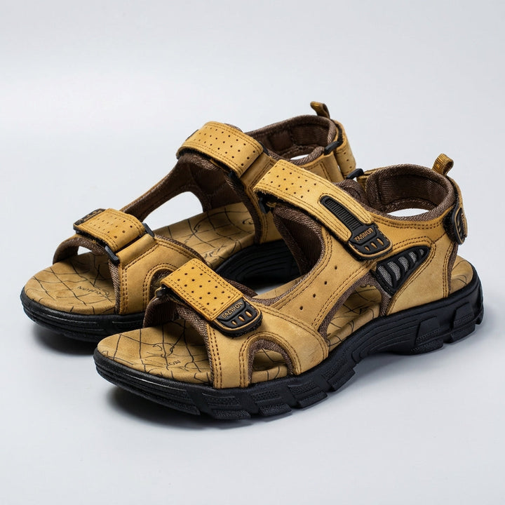 Stylish men's perforated support sandals, breathable design for ultimate summer comfort, casual outdoor adventures.