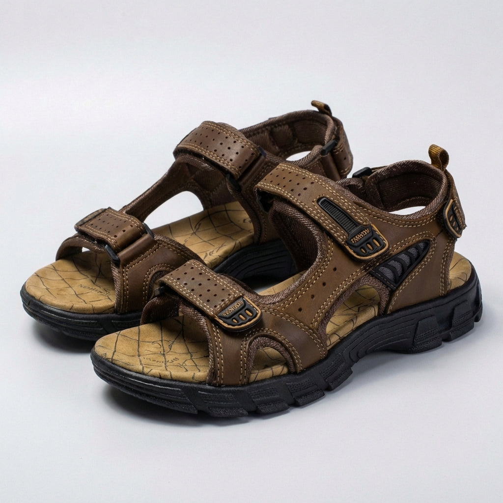 Close-up of men's perforated breathable orthopedic sandals, highlighting adjustable straps & comfortable sole.