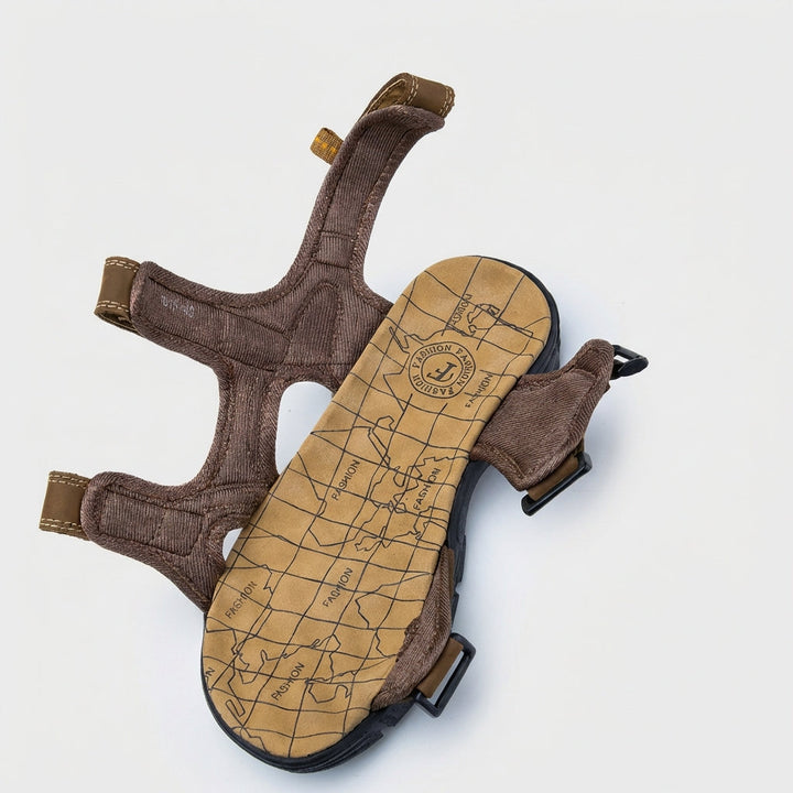 Man enjoying an outdoor walk in men's orthopedic support sandals, perfect for summer casual comfort.