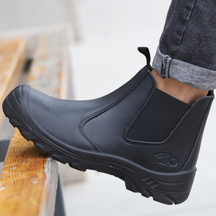 Side view of rugged men's orthopedic safety work boots with durable, slip-resistant sole.