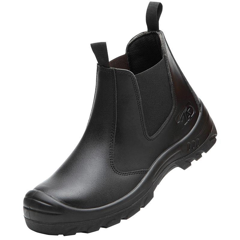 Close-up of slip-resistant outsole on men's orthopedic safety work boots for secure footing.