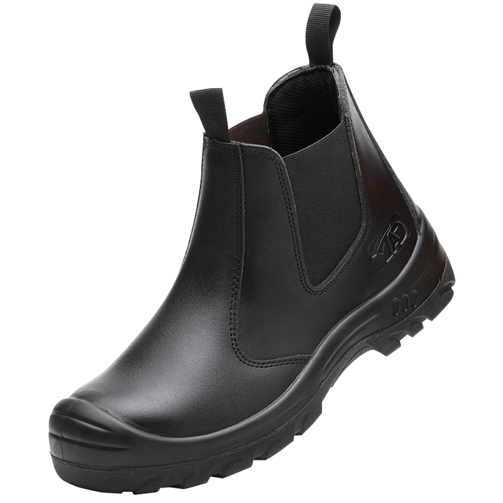 Close-up of slip-resistant outsole on men's orthopedic safety work boots for secure footing.