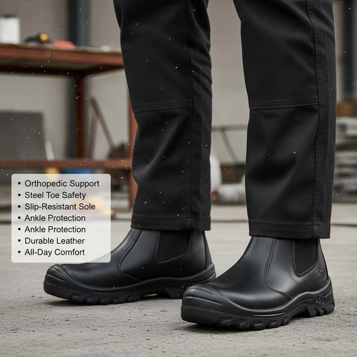 Detailed view of premium leather upper on men's orthopedic comfort safety boots for work.