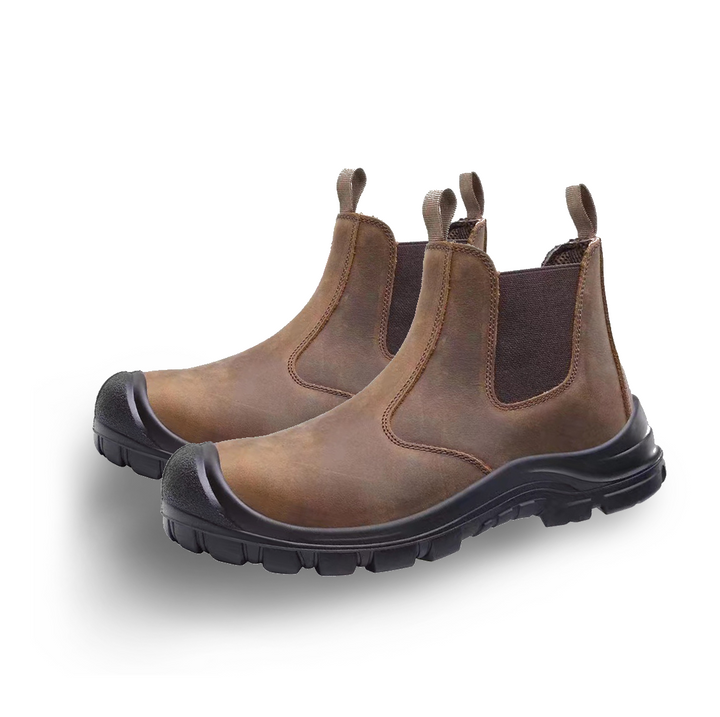 Pair of durable men's orthopedic safety work boots, ideal for heavy-duty foot protection.