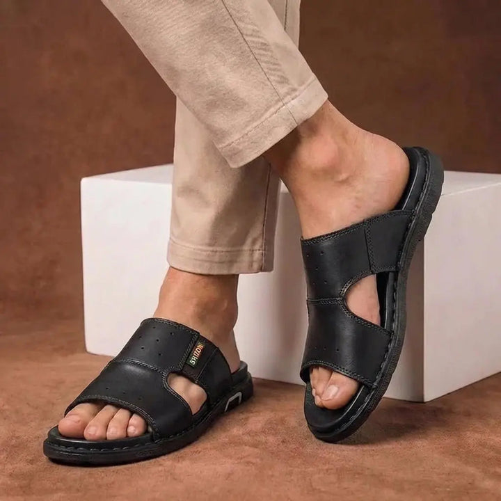 Men's orthopedic slide sandals, wide fit, superior arch support for all-day comfort.