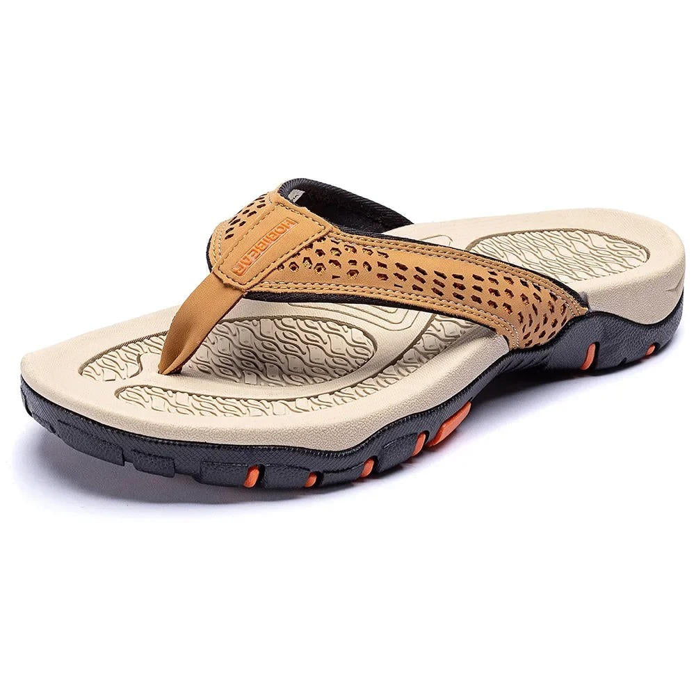 Men's outdoor flip-flops with cushioned, textured sole. Perfect for summer beach and travel comfort.