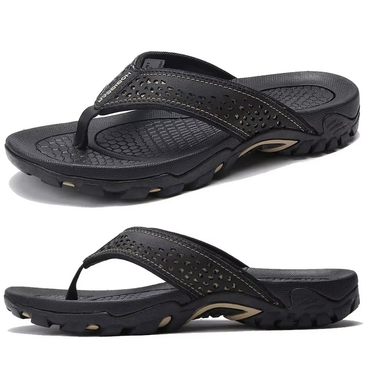 Ergonomic men's outdoor flip-flops with cushioned support. Textured for a secure summer stride.