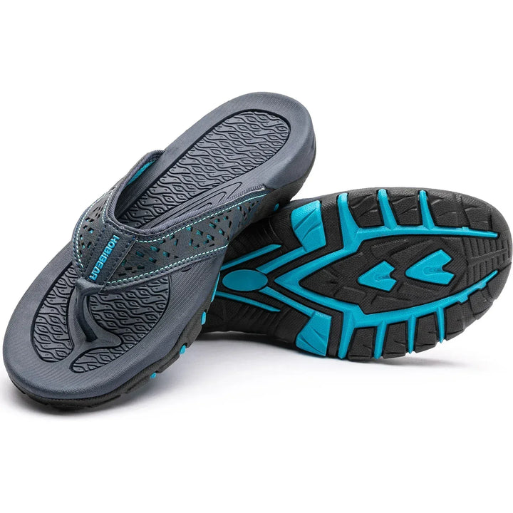 Durable men's outdoor flip-flops, cushioned for long-lasting summer wear. Textured for grip.