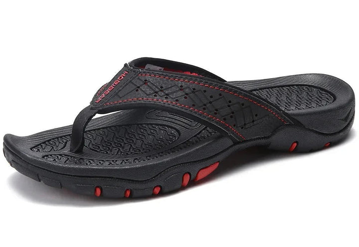 Top view: Men's cushioned flip-flops, ready for summer. Great for beach, casual, and travel footwear.