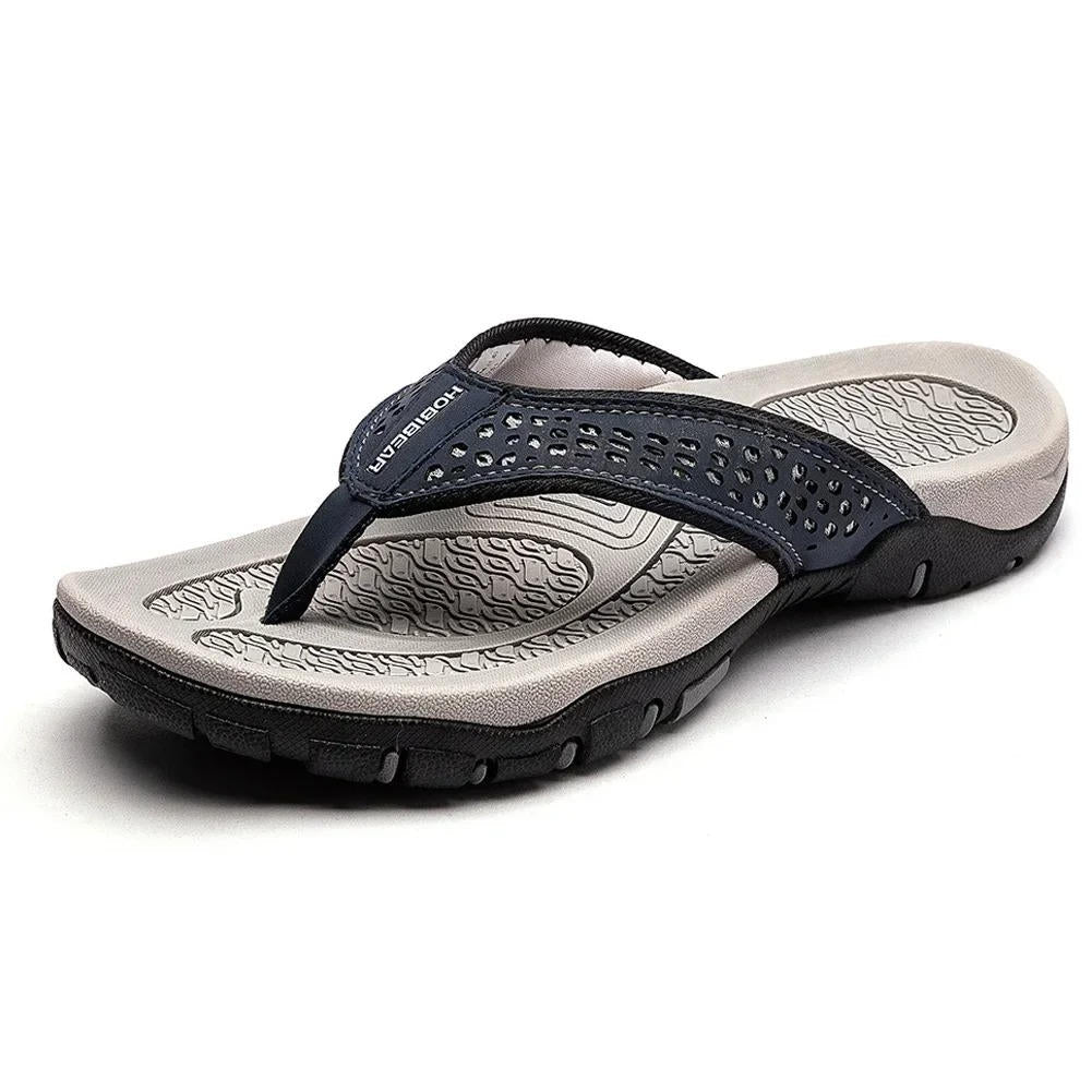 Men's cushioned flip-flops for active outdoor summer adventures. Textured for better grip and comfort.