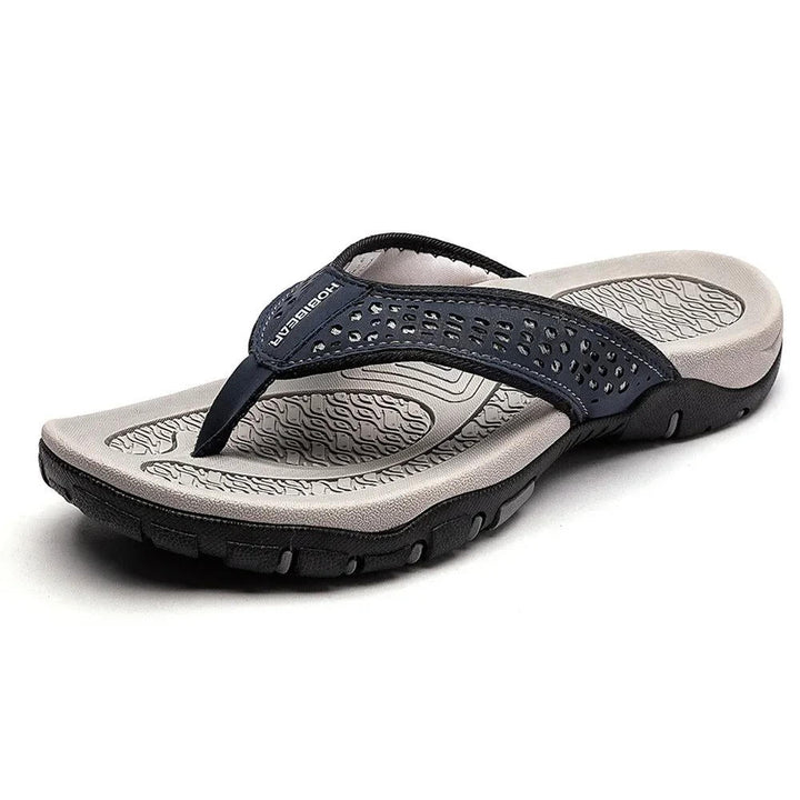 Men's cushioned flip-flops for active outdoor summer adventures. Textured for better grip and comfort.