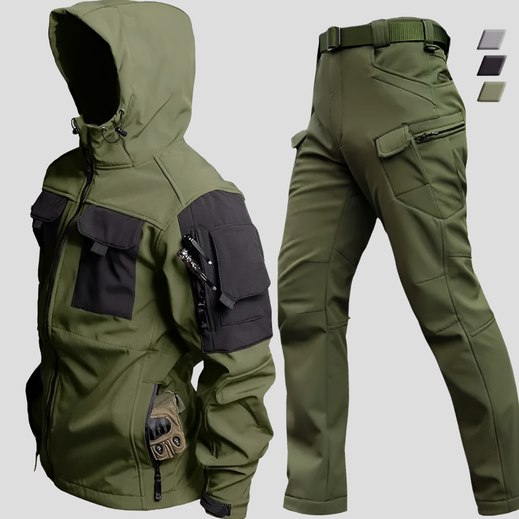 Men's outdoor softshell jacket & pants set for hiking. Weather-resistant & durable adventure activewear for trekking.
