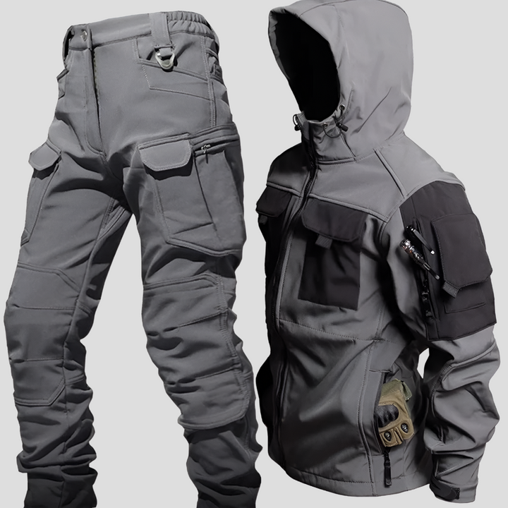 Men's weather-resistant softshell jacket & pants set. Ideal for trekking, hiking, & general outdoor adventure.