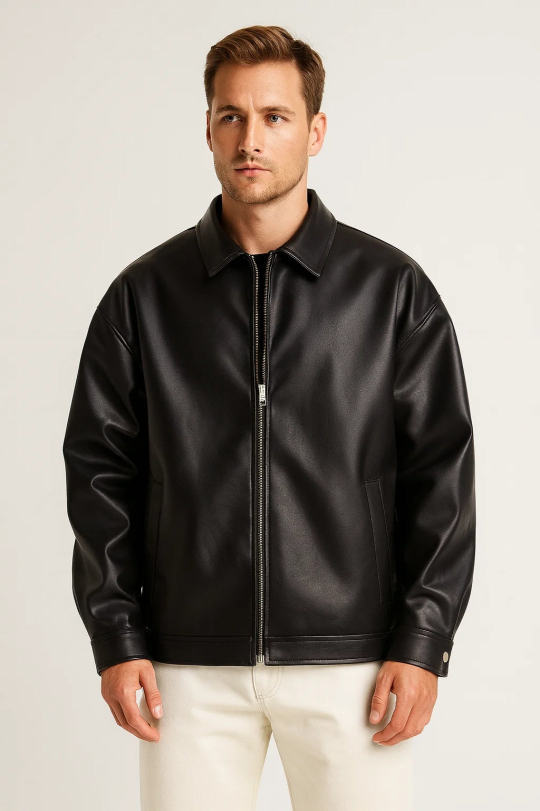 Men's oversized biker jacket with classic collar & zip. Hip-length casual streetwear outerwear for versatile fashion.