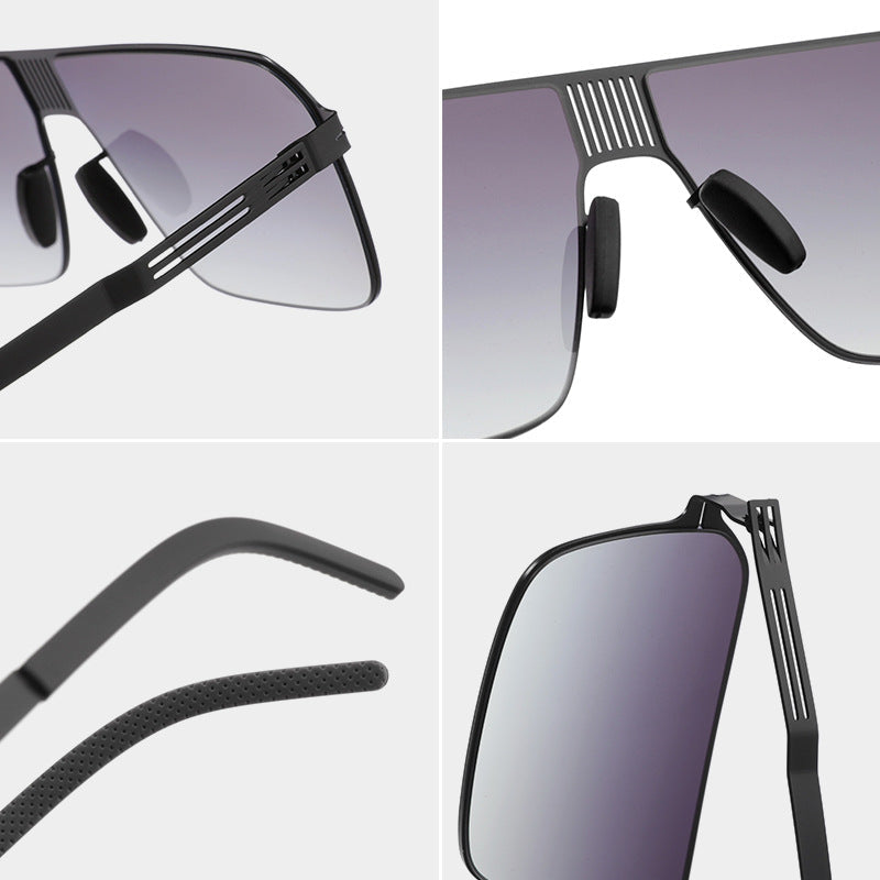 Man wearing oversized shield sunglasses, enjoying outdoor activities with UV eye protection.
