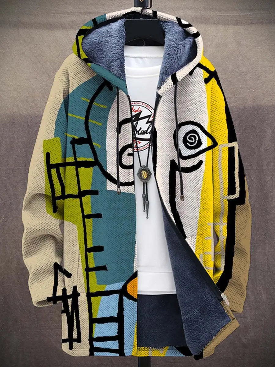 Men's oversized hooded abstract print zip-up cardigan, fleece lined, for casual winter layering & unique style.