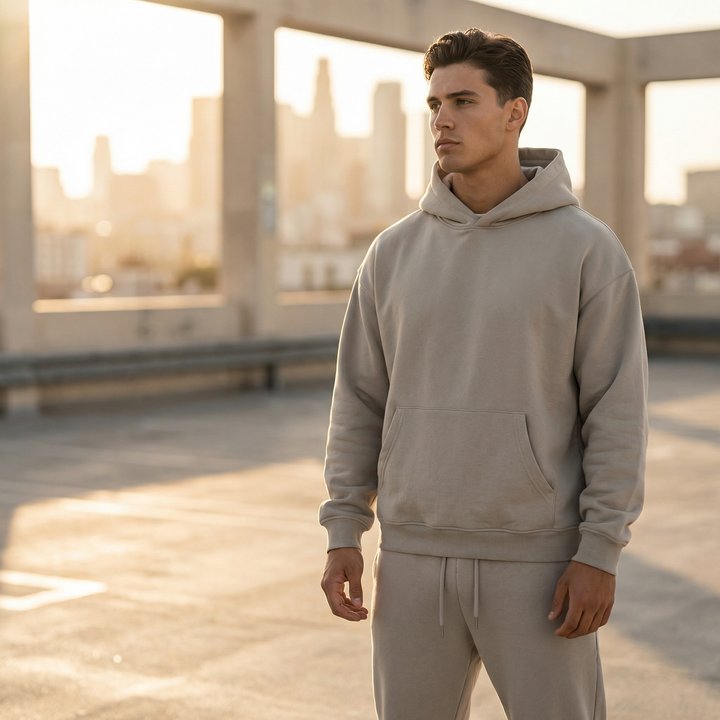 Premium men's loungewear: an oversized hoodie and jogger set designed for maximum relaxation.