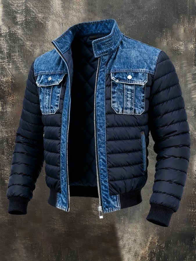 Men's padded denim bomber jacket, windproof winter outerwear. Stylish & warm thermal jacket.