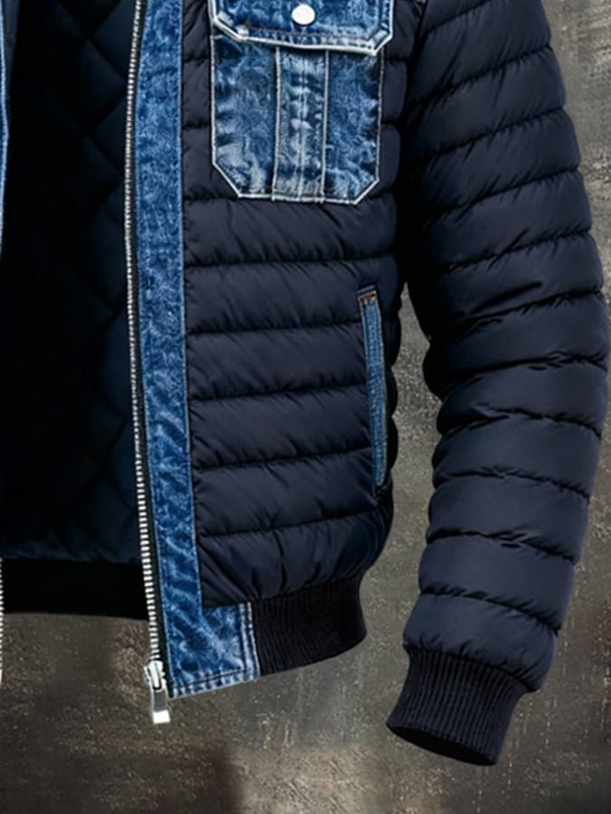 Casual men's padded denim bomber jacket, windproof for winter. Warm outdoor outerwear.
