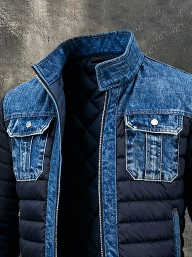 Stylish men's hybrid denim bomber jacket, padded & windproof for cold winter weather.