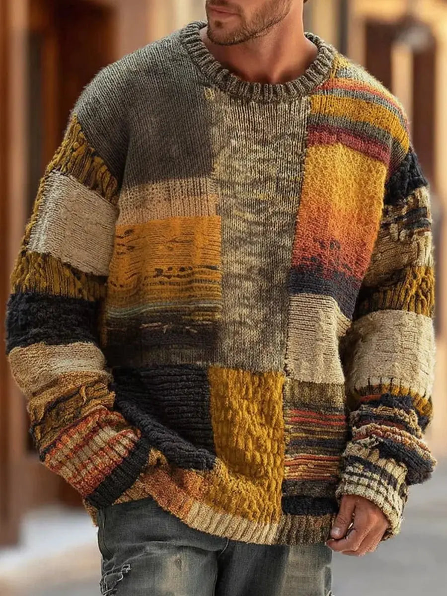 Men's patchwork colourblock chunky knit sweater, a casual crew neck pullover ideal for fall and winter fashion.