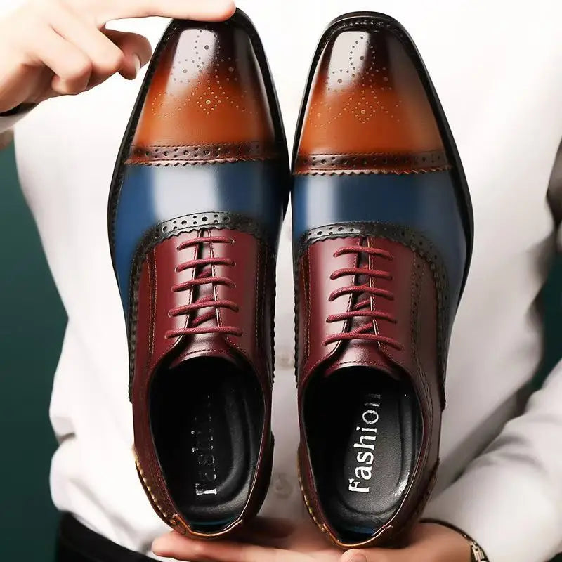 Classic brown men's perforated cap toe lace-up dress shoes, elegant & formal for any occasion.