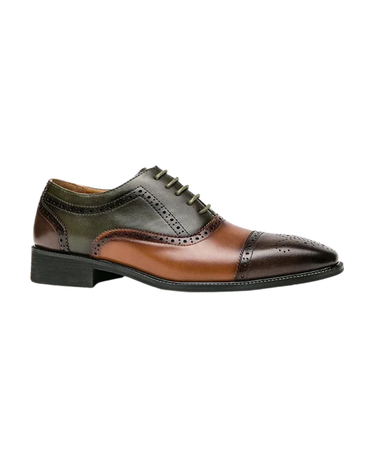 Smart men's cap toe dress shoes with perforation, ideal for business, weddings, and smart casual events.