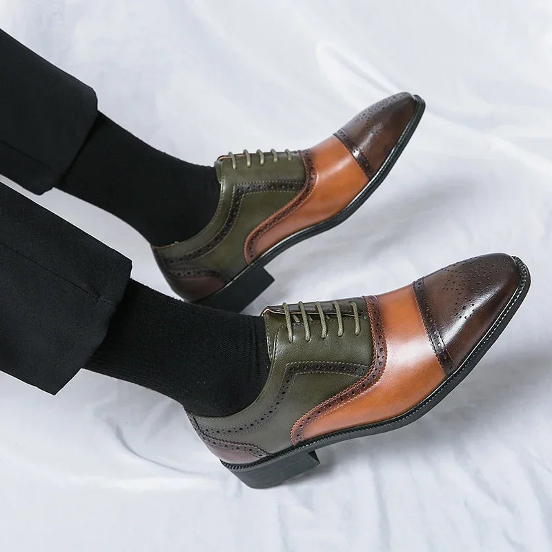 Stylish blue men's perforated cap toe dress shoes for a modern yet classic formal style.