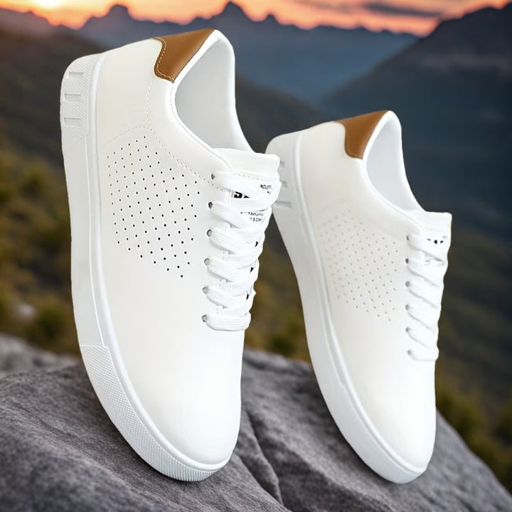 Men's walking shoes: perforated, comfortable sneakers for city streets, travel, and casual everyday wear.