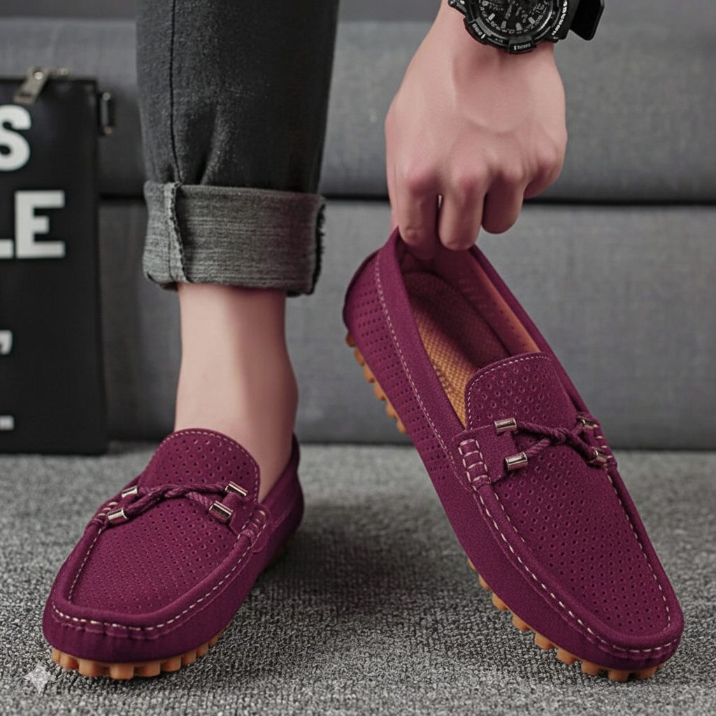 Pair of men's breathable perforated slip-on loafers, ready for comfortable casual and smart casual styling.