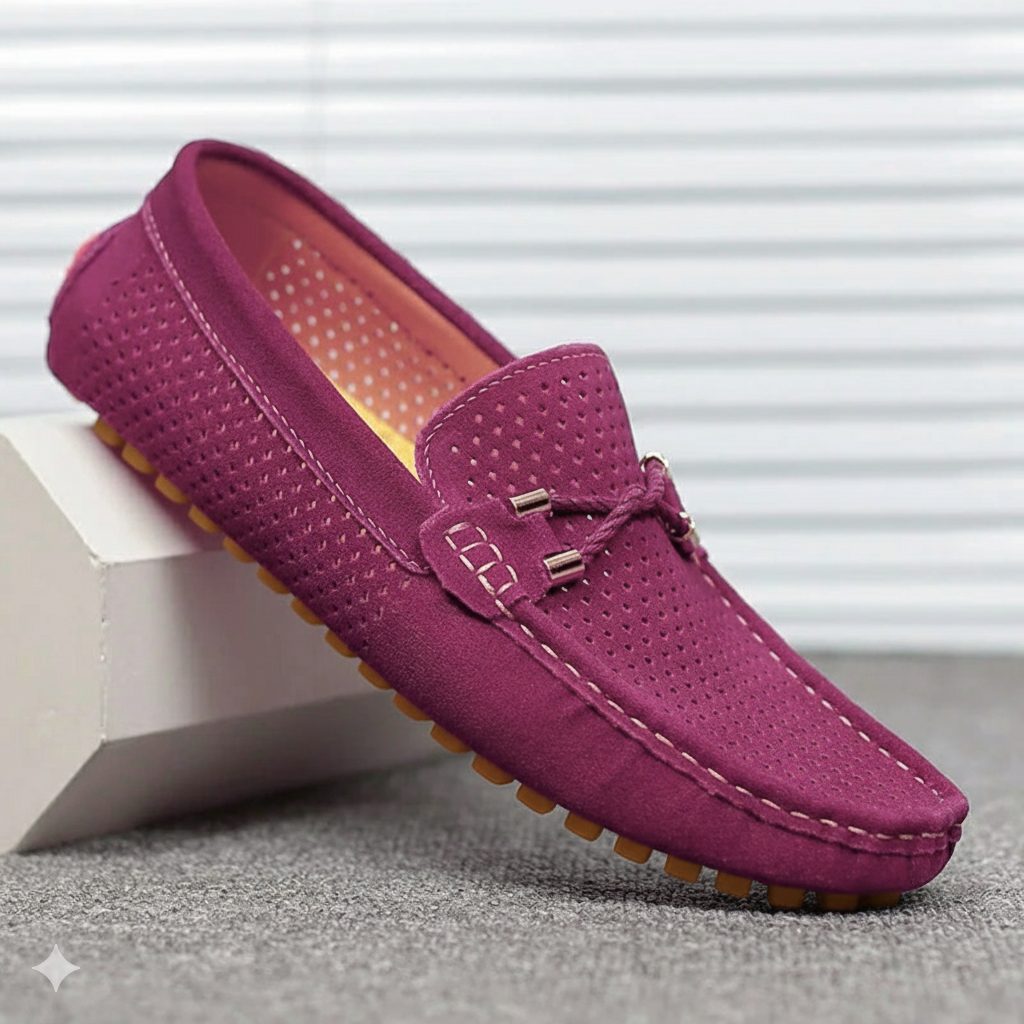 Side view of men's lightweight perforated slip-on loafers, showcasing breathable design and casual style.