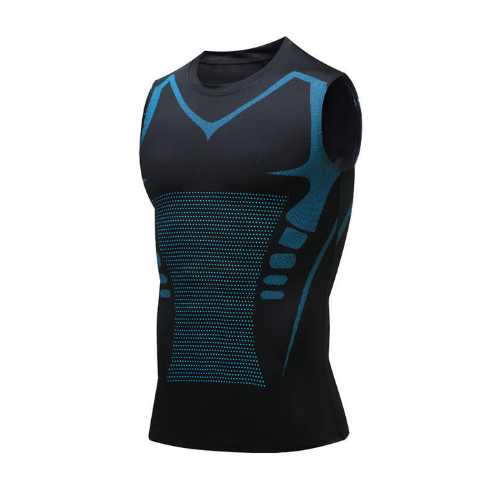 Men's performance compression tank top for athletic support & breathable comfort during fitness.