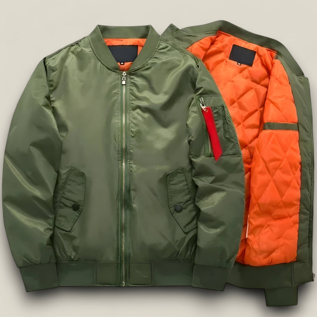 Men's pilot bomber jacket, warm flight style winter coat. Ideal for cold weather autumn outerwear.