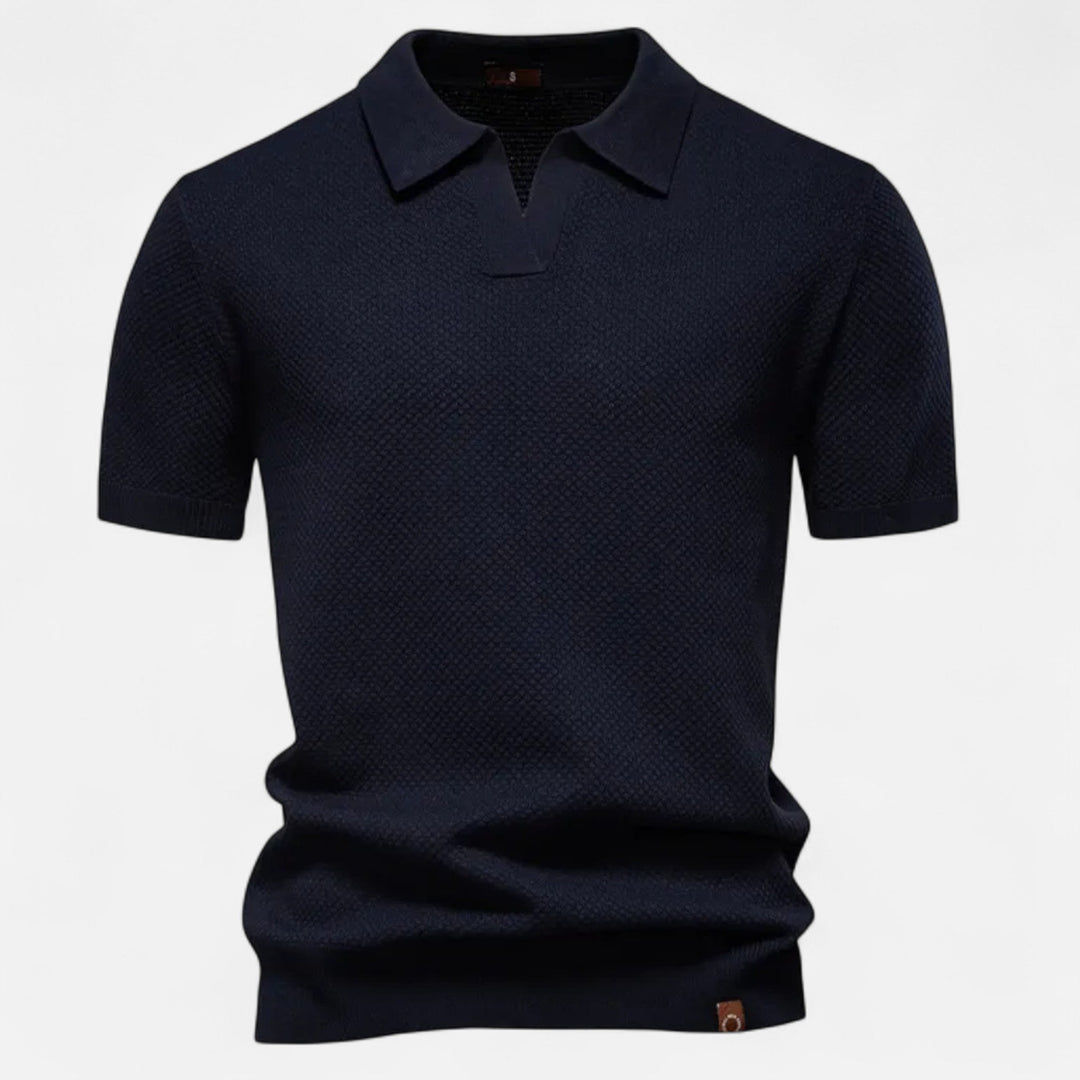 Front view of a men's casual polo shirt, short sleeve with eye-catching pineapple print, comfortable for everyday.