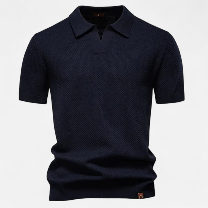 Front view of a men's casual polo shirt, short sleeve with eye-catching pineapple print, comfortable for everyday.