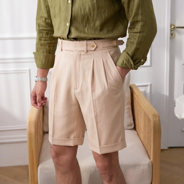 Men's fashion pleated gurkha shorts for smart casual summer style. Comfortable, stylish weekend wear bottoms.