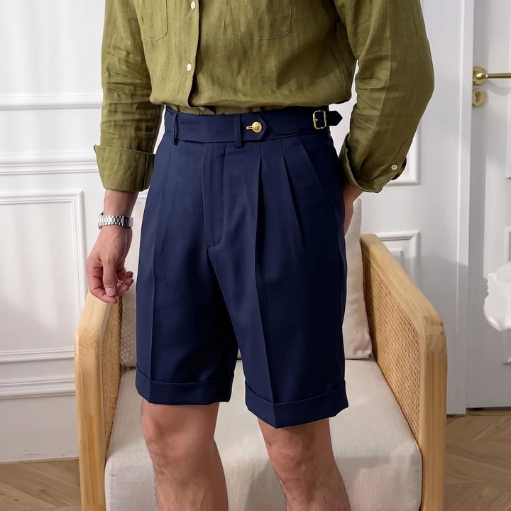 Smart casual men's pleated gurkha shorts. Tailored, comfortable, and stylish for summer and weekend fashion.