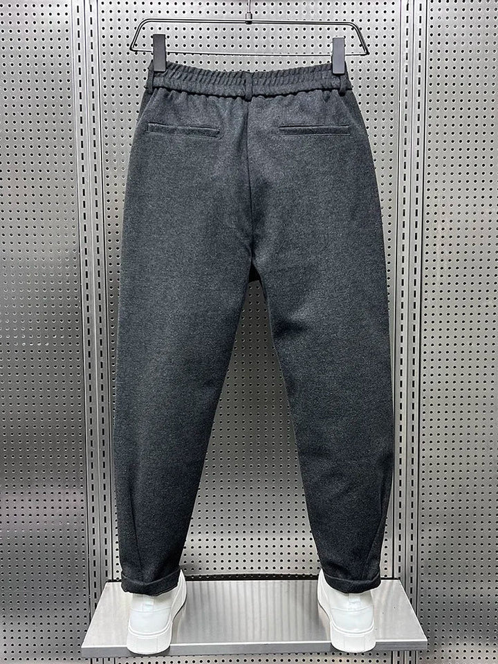 Men's comfortable pleated tapered trousers, showcasing relaxed fit for versatile everyday & smart casual style.