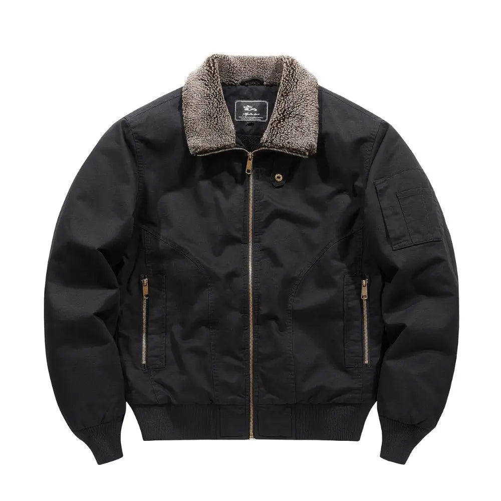 Men's plush Sherpa collar bomber jacket with zip front, ribbed hem, perfect for fall and winter.