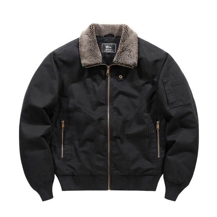 Men's plush Sherpa collar bomber jacket with zip front, ribbed hem, perfect for fall and winter.