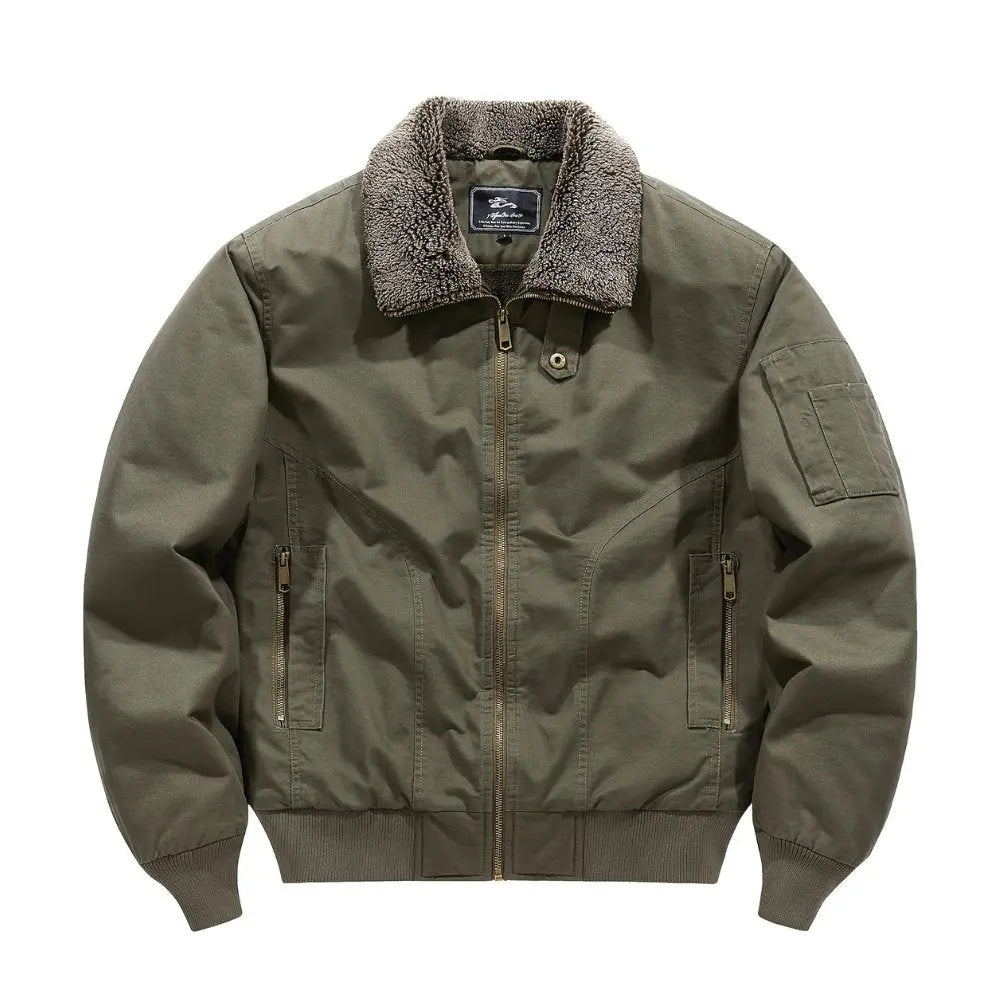 Cozy men's black bomber jacket featuring a plush Sherpa collar and zip front, ideal for cold weather urban style.