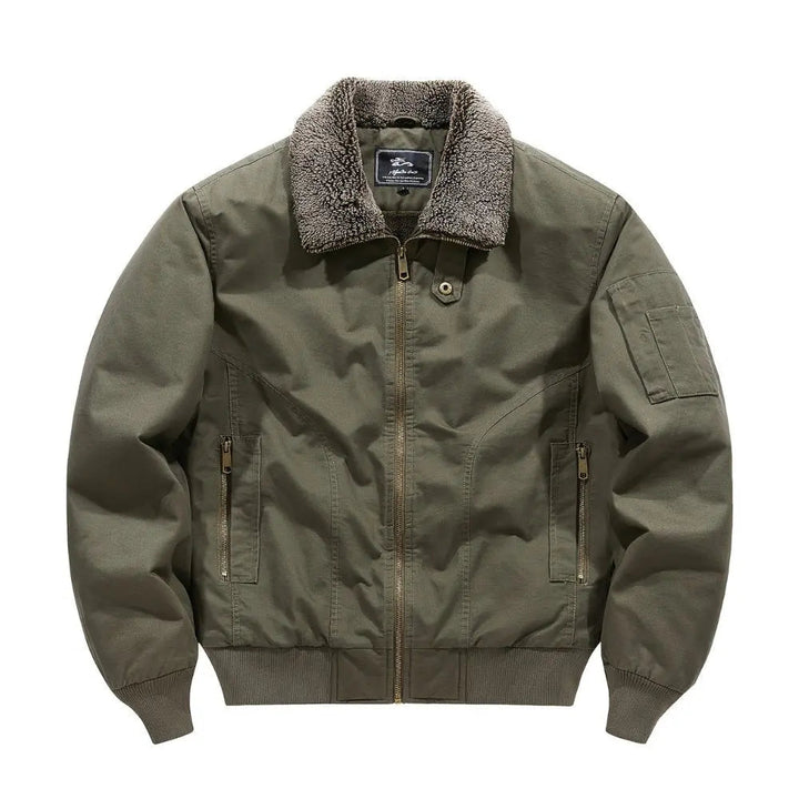 Cozy men's black bomber jacket featuring a plush Sherpa collar and zip front, ideal for cold weather urban style.
