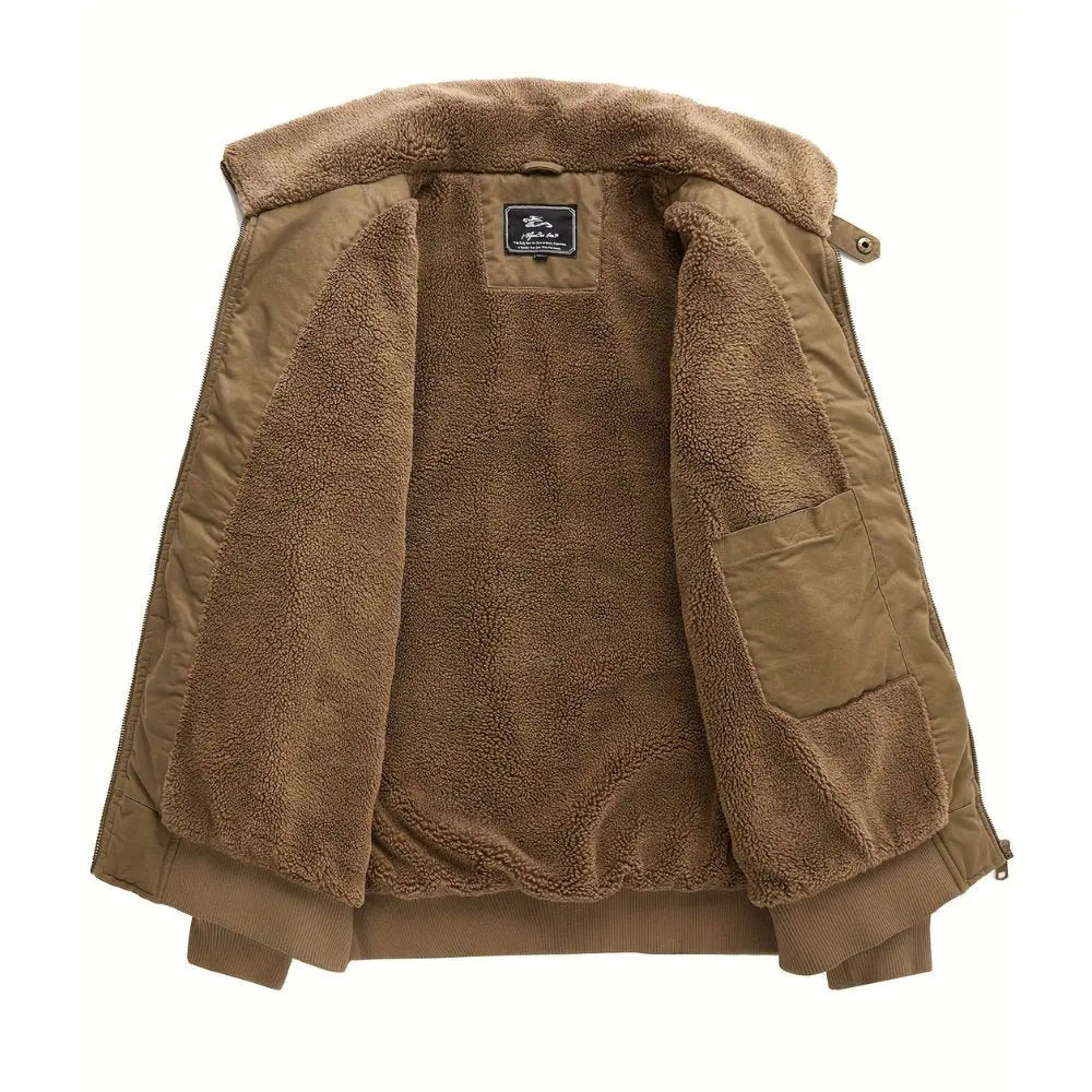 Detailed view of men's bomber jacket with a luxurious plush Sherpa collar and sturdy zip front, cozy winter fashion.